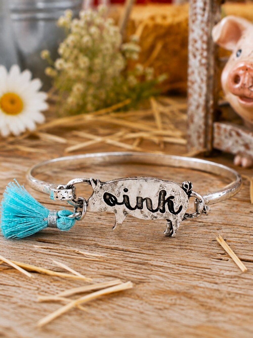 Oink Pig Bracelet Silver Turquoise Tassel Farmhouse Country Farmgirl NWT OSFM